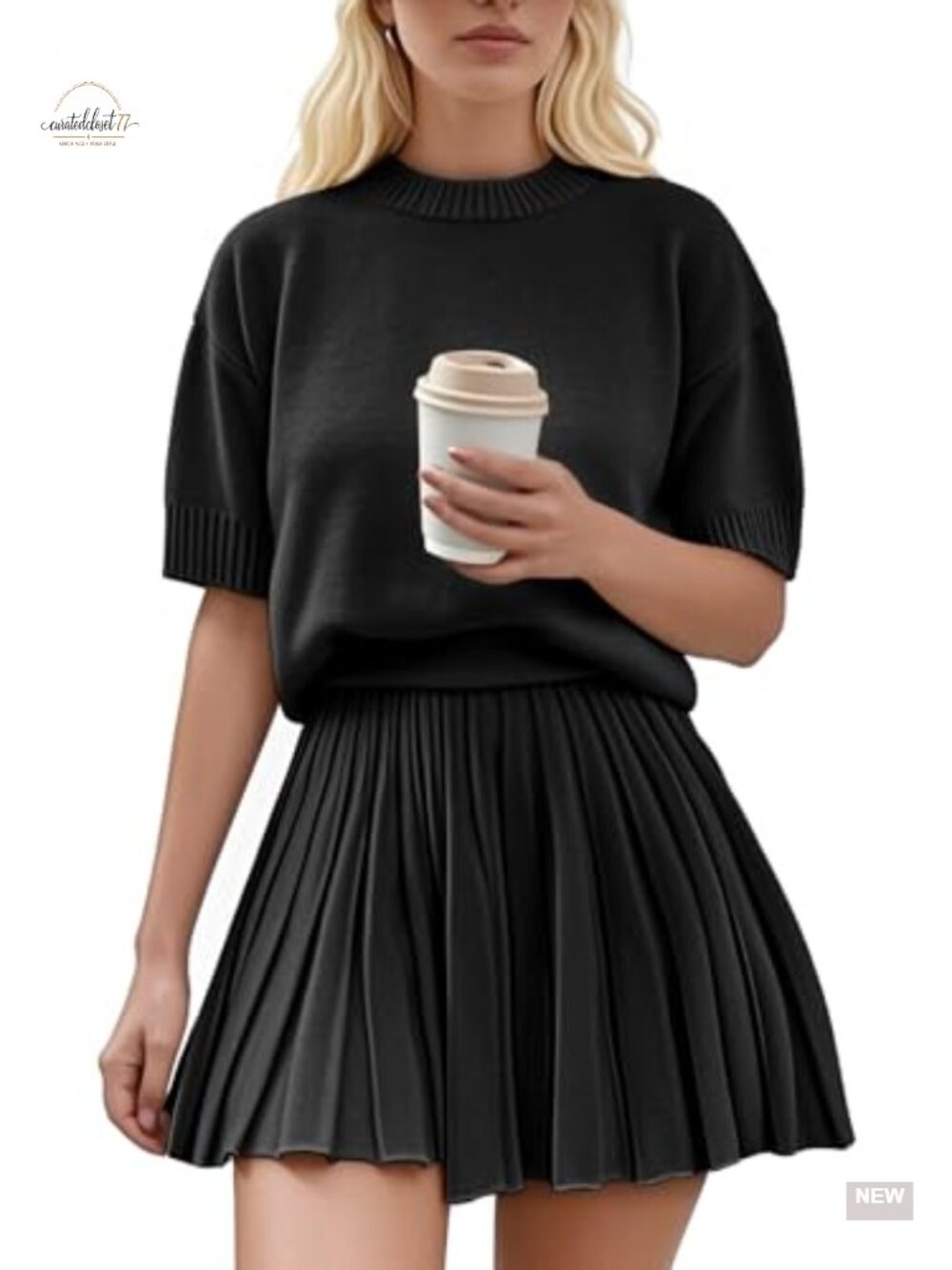 Women's 2 Piece Knit Top & Pleated Mini Skirt Set Short Sleeve Crewneck